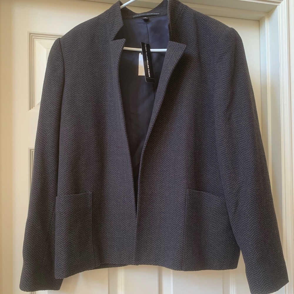 Linda Allard Ellen Tracy Women’s Herringbone Navy Blazer Jacket NWT New size 14